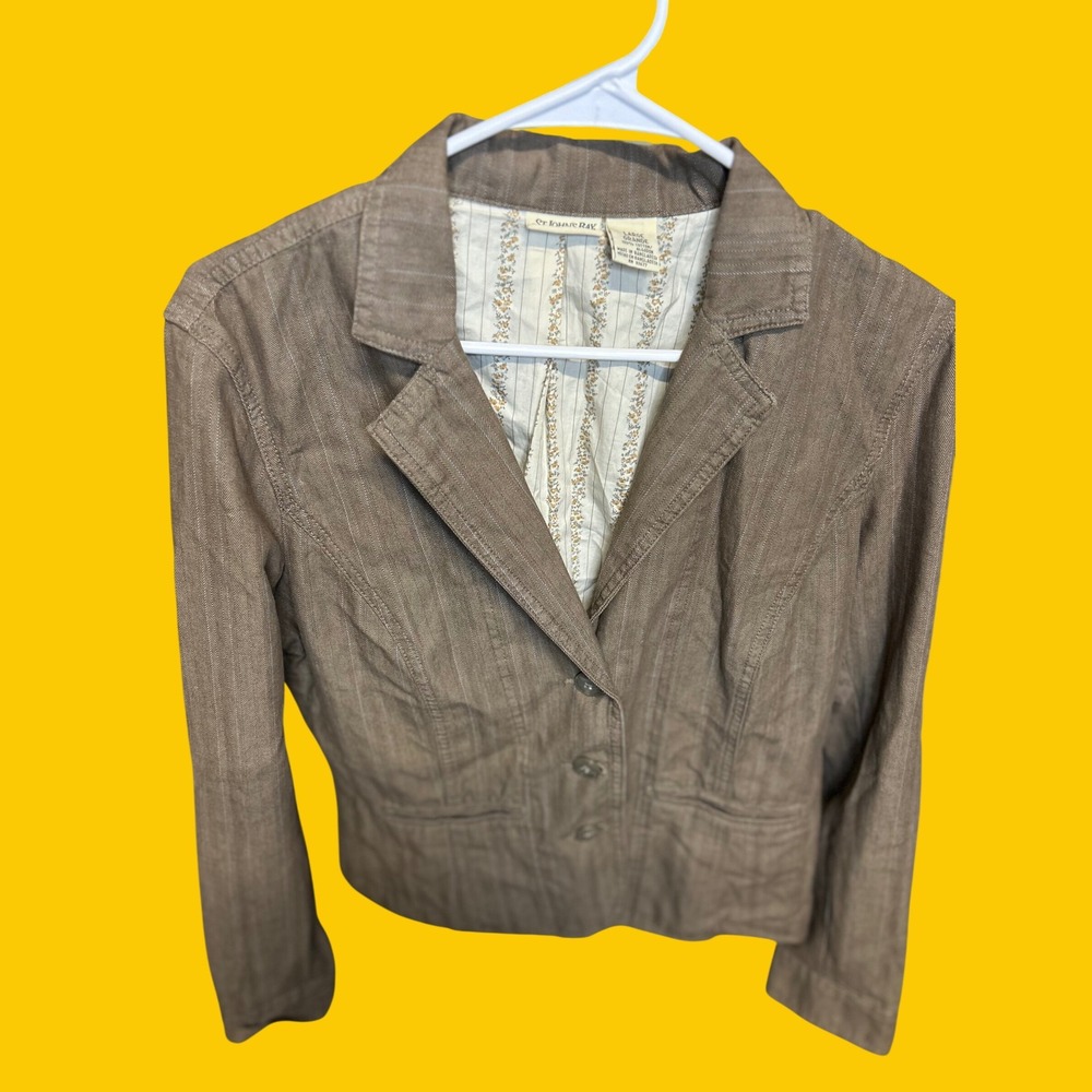 St. John's Bay Blazer Women Large Brown Pinstripe Cotton Casual Jacket Lined